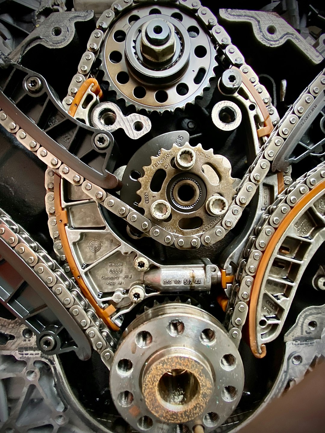 Timing chain and sprockets on the front of an engine